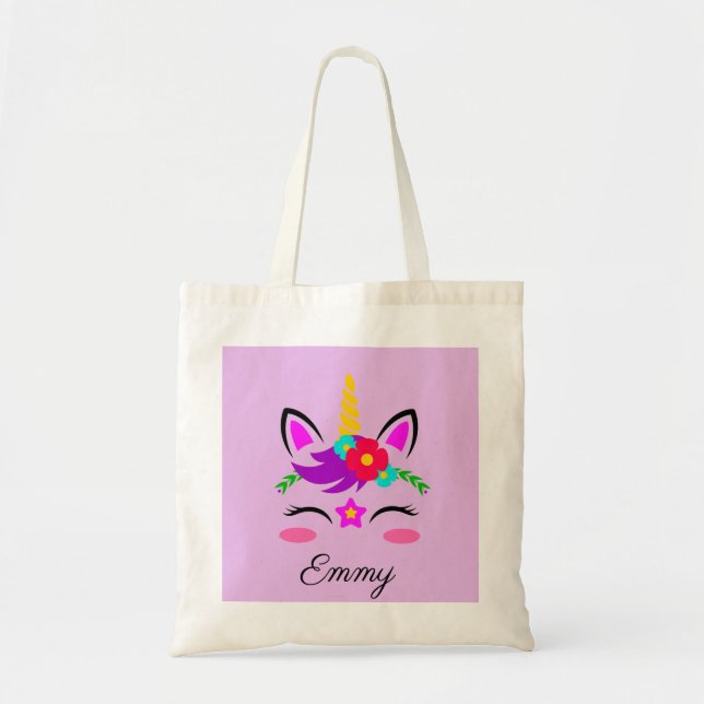 Cute Custom Name & Colour Little Blushing Unicorn Tote Bag (Front)