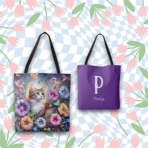 Cute Custom Name Flower Garden Kitty Tote Bag