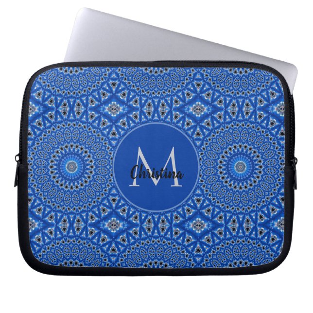 Cute Custom Name Initial Tropical Pattern Blue Laptop Sleeve (Front)