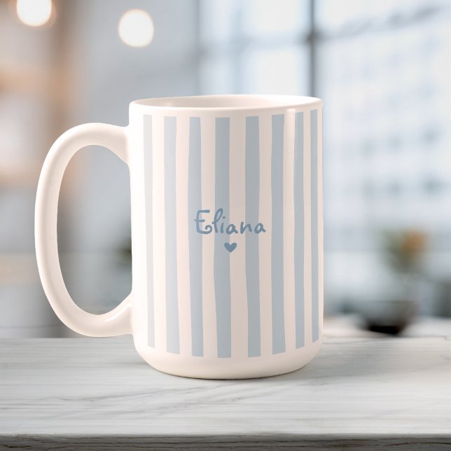 Cute Custom Name Light Blue Stripes Girly Coffee Mug (Creator Uploaded)