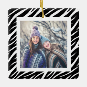 Cute Custom Name Photo Black White Zebra Christmas Ceramic Ornament