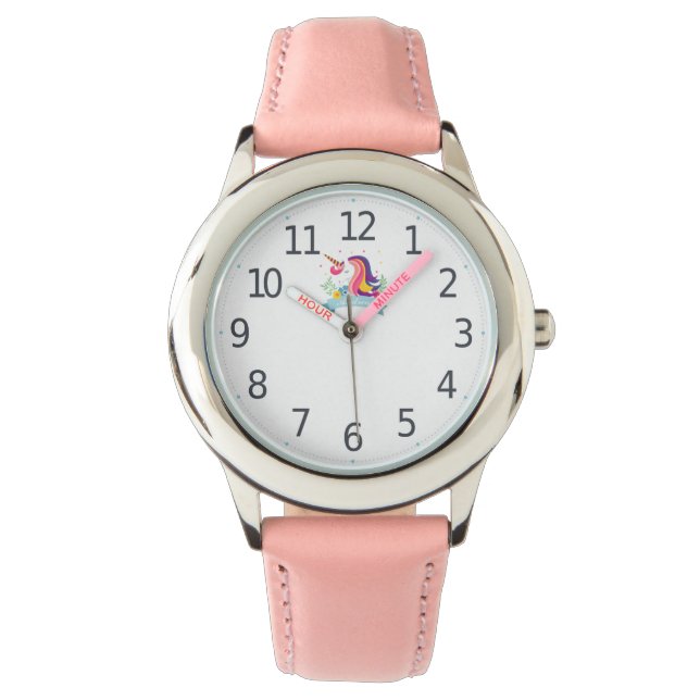 Cute Custom Name Pink Unicorn Girl's Wristwatch (Front)