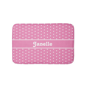 Cute Custom Name Polka Dot Pink and White Bath Mat