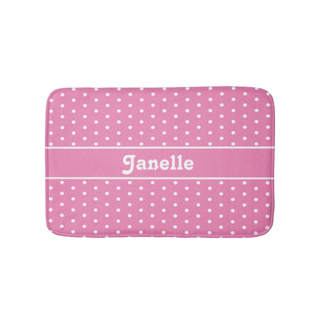Cute Custom Name Polka Dot Pink and White Bath Mat (Front)