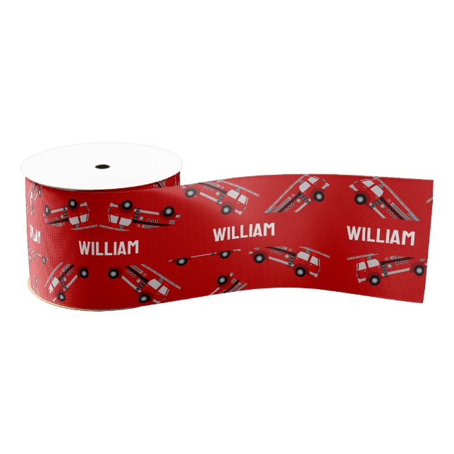 Cute Custom Name Red Firetruck Kids Birthday Grosgrain Ribbon (Spool)