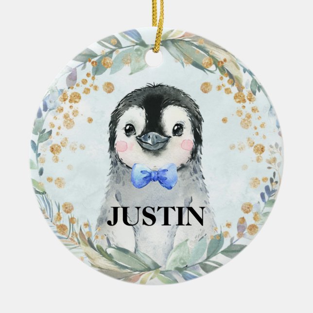 Cute Custom Name Watercolor Penguin Greenery Ceramic Ornament (Front)