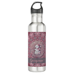 Cute Custom Name Whimsical Pink Snowman Mandala 710 Ml Water Bottle