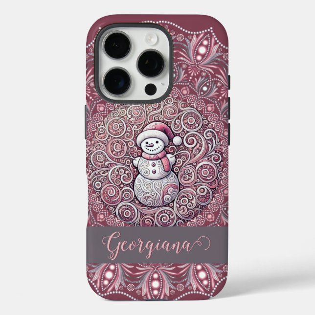 Cute Custom Name Whimsical Pink Snowman Mandala Case-Mate iPhone Case (Back)