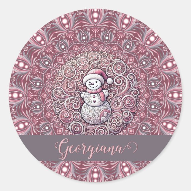 Cute Custom Name Whimsical Pink Snowman Mandala Classic Round Sticker (Front)