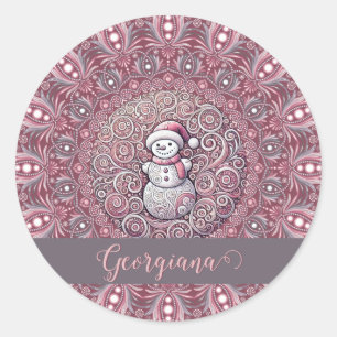 Cute Custom Name Whimsical Pink Snowman Mandala Classic Round Sticker