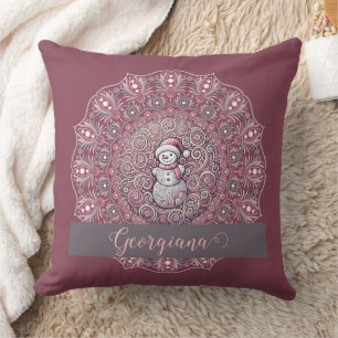 Cute Custom Name Whimsical Pink Snowman Mandala Cushion