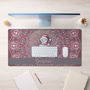 Cute Custom Name Whimsical Pink Snowman Mandala Desk Mat