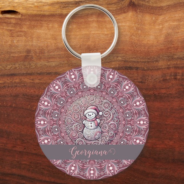 Cute Custom Name Whimsical Pink Snowman Mandala Key Ring (Front)