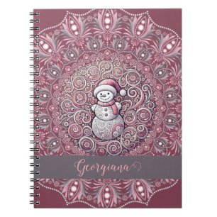Cute Custom Name Whimsical Pink Snowman Mandala Notebook