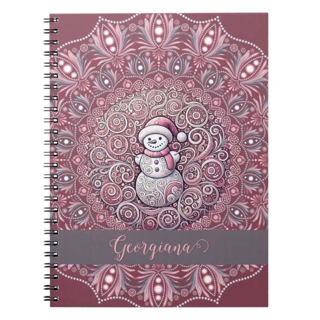 Cute Custom Name Whimsical Pink Snowman Mandala Notebook (Front)
