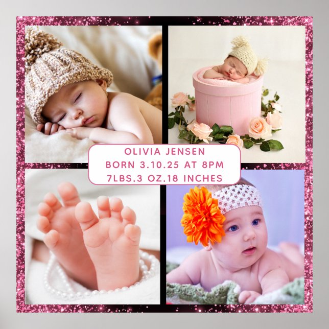 Cute Custom Newborn Baby Girl Birth Stats 4 photo Poster (Front)