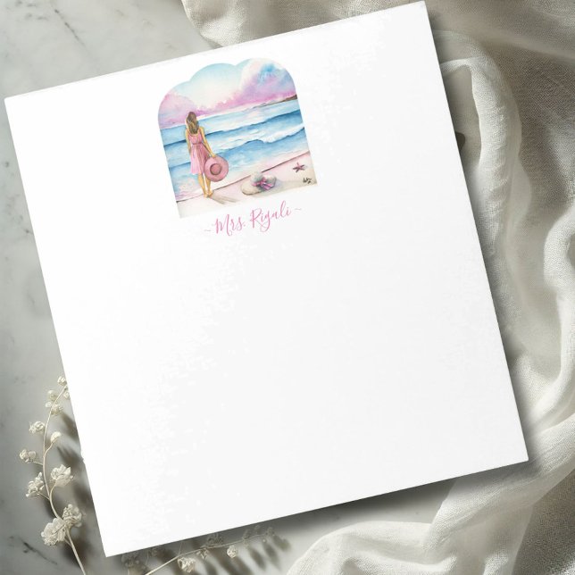 Cute Custom Notepads Personalised Stationery Gifts (custom notepad features watercolor woman on the beach in shades of pink & blue Victoria Grigaliunas)