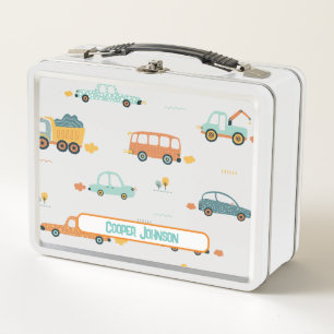 Cute custom pastel blue and orange car name metal lunch box