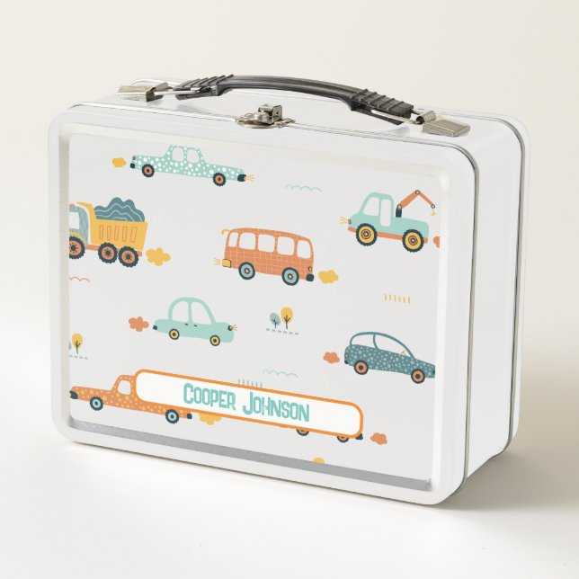 Cute custom pastel blue and orange car name metal lunch box (Front)