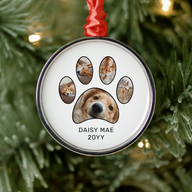Cute Custom Paw Print Pet Name Year Photo Collage Metal Ornament (Tree)