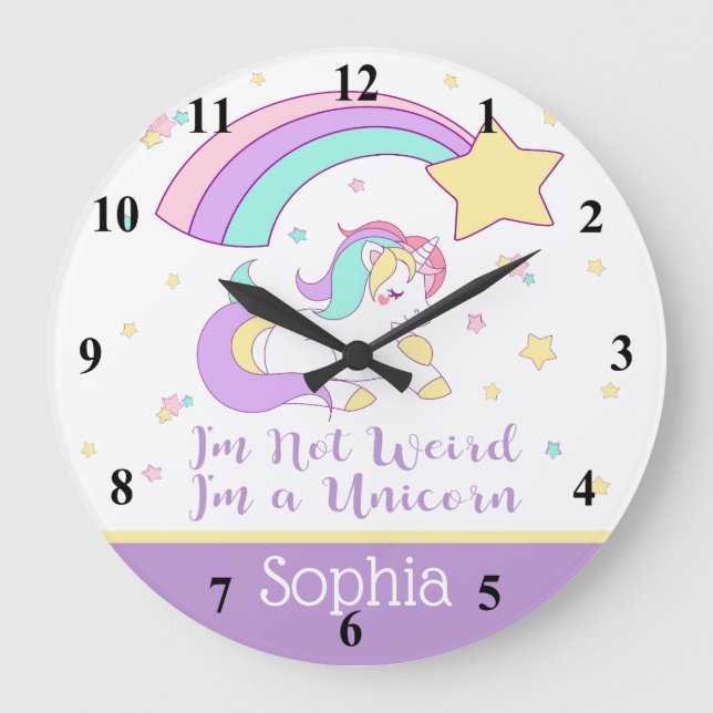 Cute Custom Personalised Magical Rainbow Unicorn Large Clock (Front)