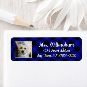 Cute Custom Pet Photo Frame Blue & Black Plaid Return Address Label