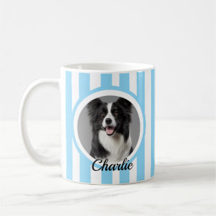 Cute Custom Pet Photo & Name Blue White Stripes Coffee Mug