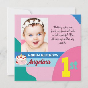 Cute Custom Photo 1st Birthday Flat Thank You Card