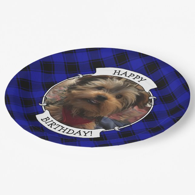 Cute Custom Photo Frame Blue & Black Plaid Paper Plate (Angled)