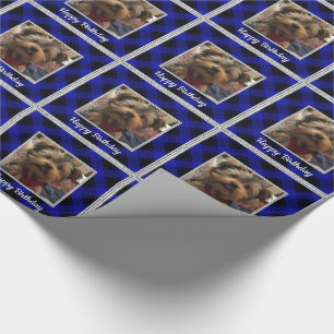 Cute Custom Photo Frame Blue & Black Plaid Wrapping Paper