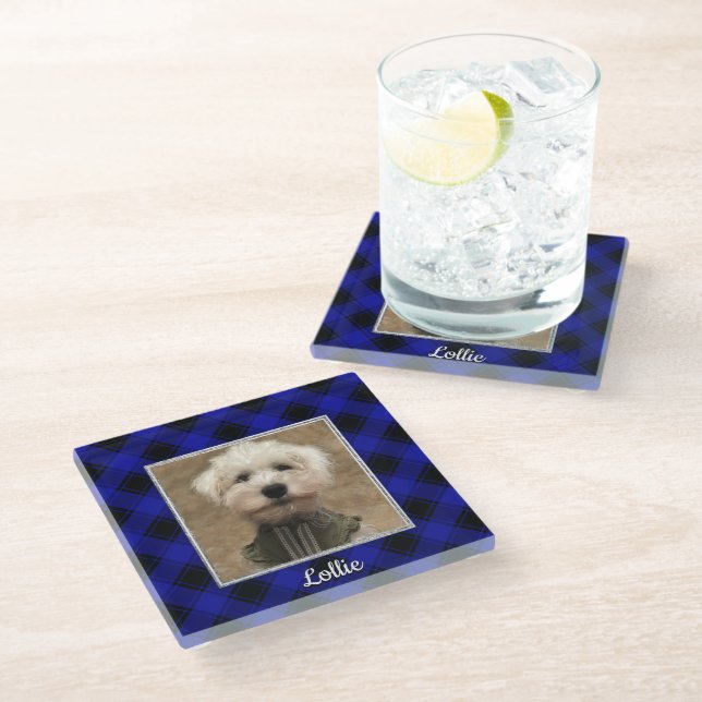 Cute Custom Photo Frame Classic Blue & Black Plaid Glass Coaster (Angled)