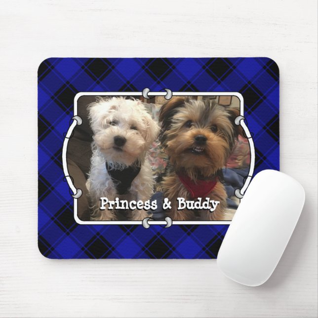 Cute Custom Photo Frame Dog Pet Blue & Black Plaid Mouse Pad (With Mouse)