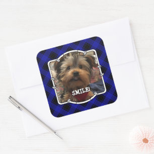 Cute Custom Photo Frame Pet Blue & Black Plaid Square Sticker
