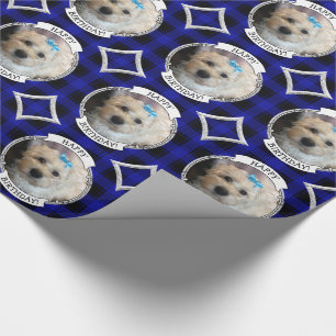 Cute Custom Photo Frame Pet Blue & Black Plaid Wrapping Paper