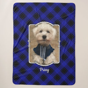 Cute Custom Photo Frame Pets Blue & Black Plaid Sherpa Blanket