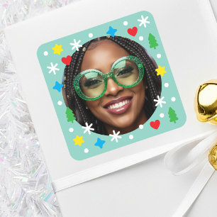Cute Custom Photo Holiday Retro Green Christmas Square Sticker