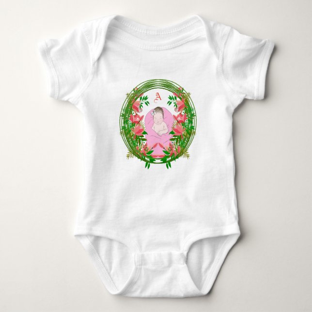 Cute Custom Photo Monogram Green Botanical Floral  Baby Bodysuit (Front)