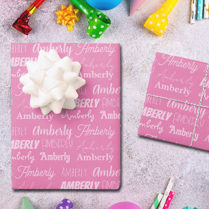 Cute Custom Pink Name Typography Girls Birthday Wrapping Paper Sheet