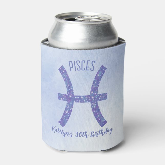 Cute Custom Pisces Sign Purple Birthday Party Can Cooler (Can Front)