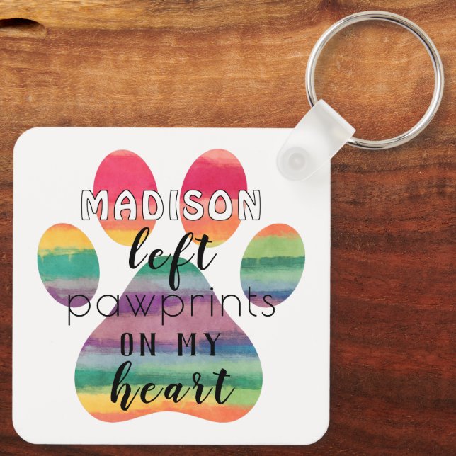 Cute Custom Rainbow Bridge Paw Prints On My Heart Key Ring (Back)