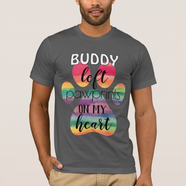 Cute Custom Rainbow Bridge Paw Prints On My Heart T-Shirt (Front)