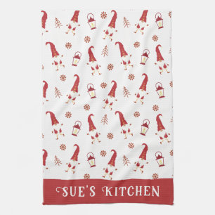 Cute Custom Red Christmas Gnomes Kitchen Towel