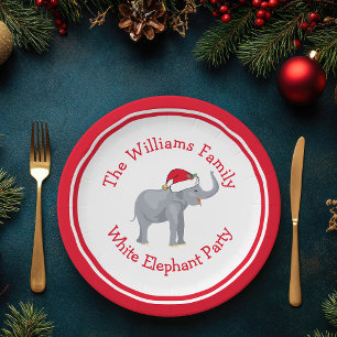 Cute Custom Red Christmas White Elephant Party Paper Plate