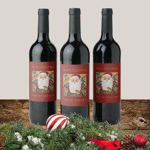 Cute Custom Rich Red Santa Claus Bluebirds Wine Label