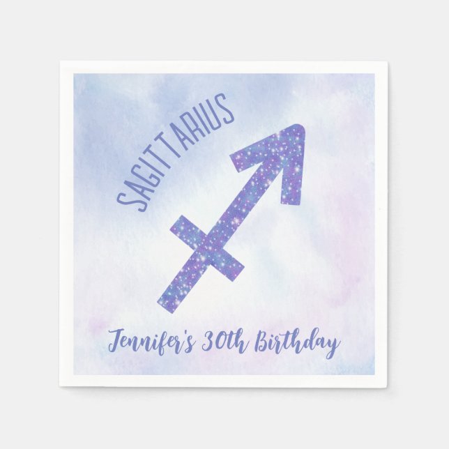 Cute Custom Sagittarius Purple Birthday Party Napkin (Front)