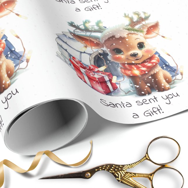 Cute Custom Santa Reindeer Snow Kids Christmas Wrapping Paper (Creator Uploaded)