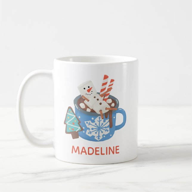 Cute Custom Snowman Personalised Name Cocoa Coffee Mug (Left)
