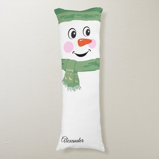 Cute Custom Snowman with Green Scarf and Hat Body Cushion (Front Vertical)