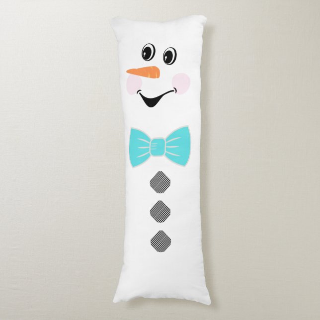 Cute Custom Snowman with Teal Blue Bowtie Body Cushion (Front Vertical)