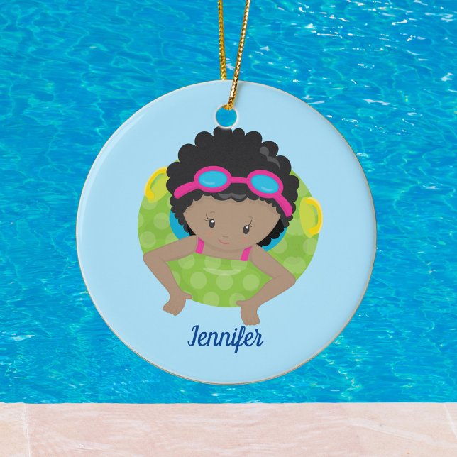 Cute Custom Swim Team African American Girl Ceramic Ornament (Creator Uploaded)